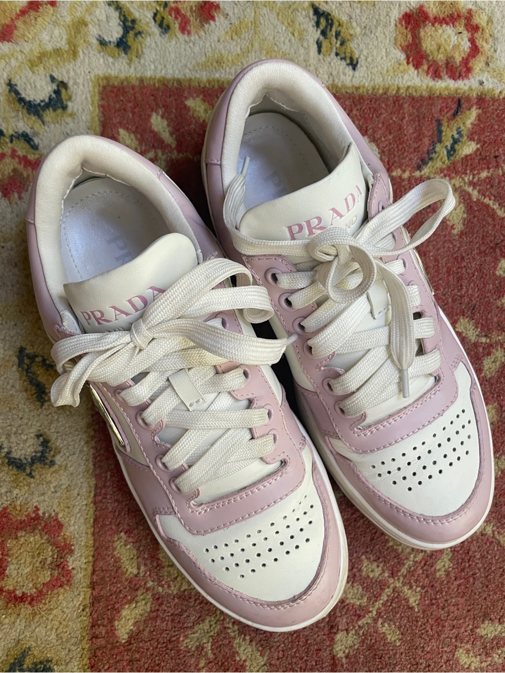 Prada Pink and White Leather Low-Top Sneakers